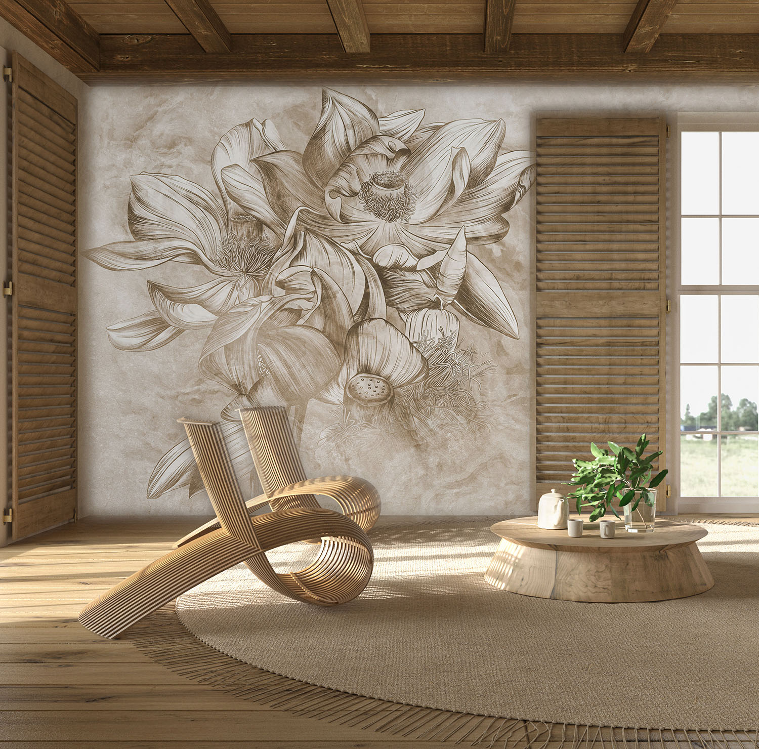 Scandinavian farmhouse style beige living room interior with natural wooden furniture. Mock up wall background. 3d render illustration. Projektowanie graficzne logo, logotyp, katalogi, ulotki, notesy